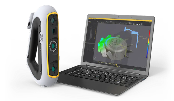 Сканер Peel3 Pro.CAD вместе с результатом сканирования на экране ноутбука